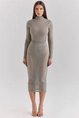 Margo-Grey Velour Sheer Striped Midi Skirt