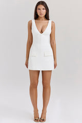 Olympia-White Plunge Mini Dress