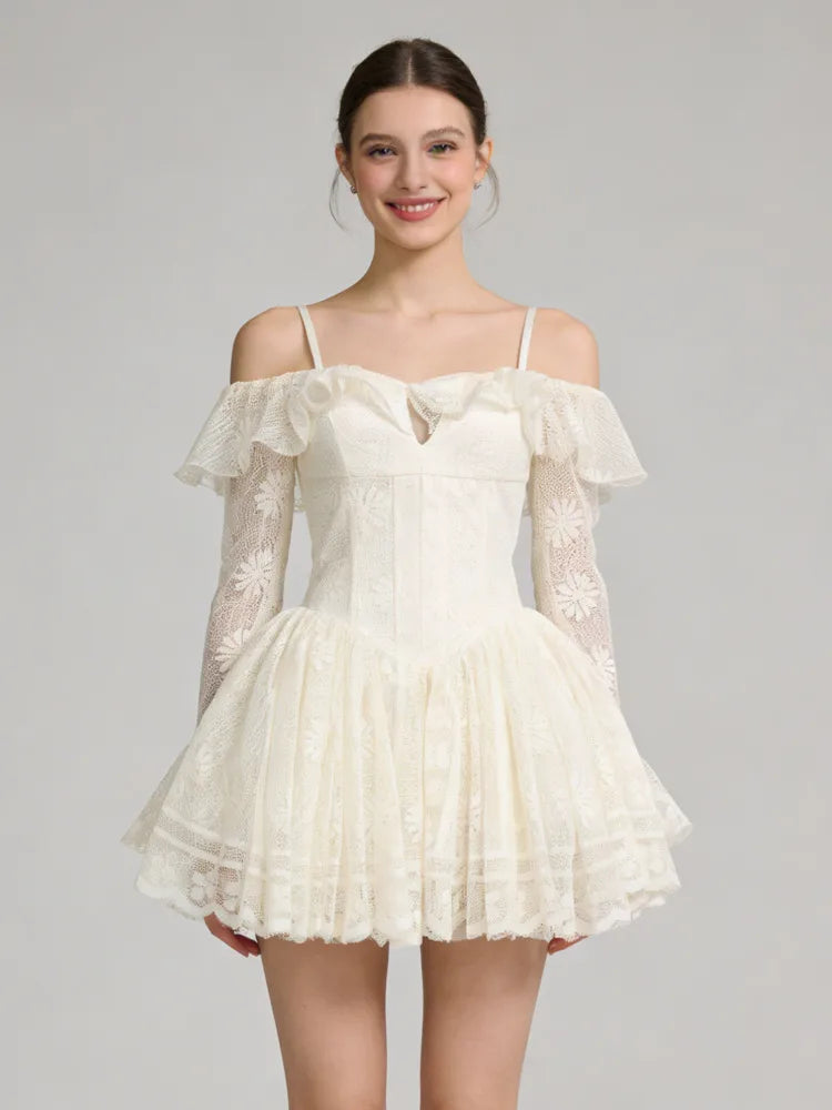 Off Shoulder Lace Corset Flared Mini Dress