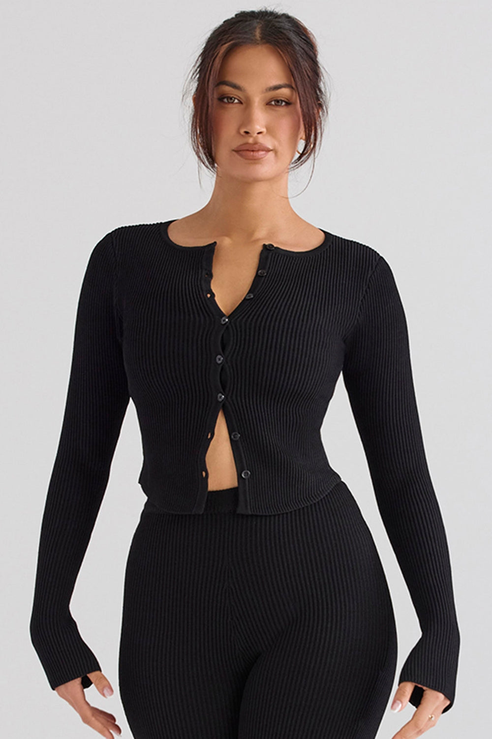 Sylvia-Black Ribbed Knit Cardigan - SALE