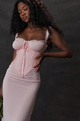 Syrah-Soft Peach Lace Back Midi Dress