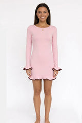 Solid Color Long Sleeve Ruffled Bodycon Dress