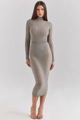 Margo-Grey Velour Sheer Striped Midi Skirt