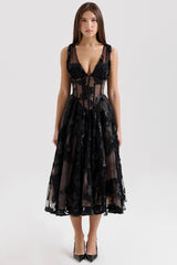 Sianna-Black Embroidered Tulle Corset Midi Dress