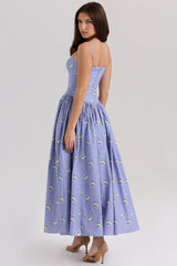 Ysabella-Blue Daisy Print Stretch Cotton Midi Sundress