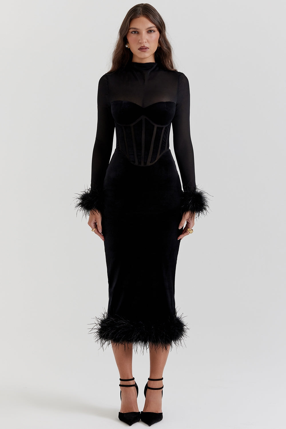 Lianna-Black Velvet Midi Dress