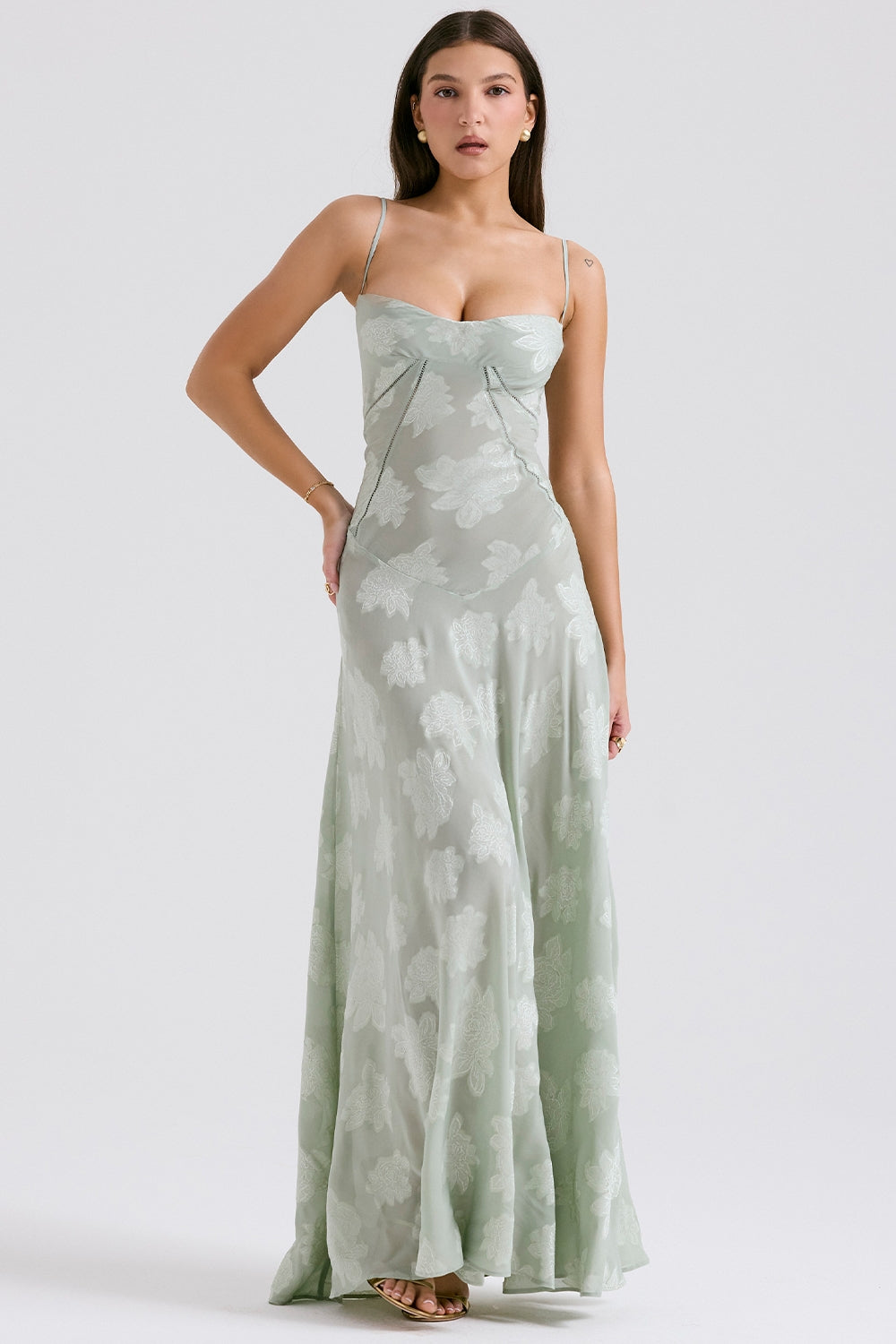 Seren-Pistachio Floral Lace Back Maxi Dress