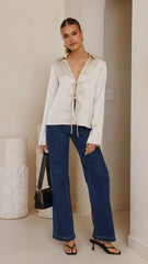Darielle Tie Front Long Sleeve Top - Champagne