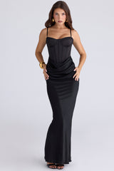 Valentina-Black Satin Draped Corset Maxi Dress