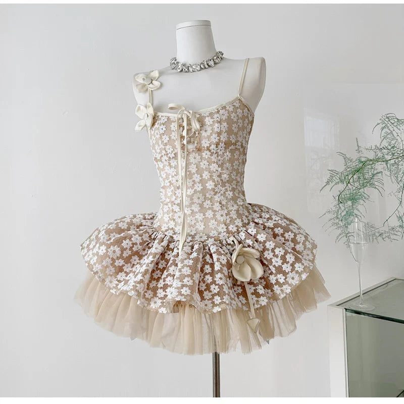 Lace Embroidered Flower Mesh Tulle Mini Dress