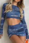 Blue-Distressed-Printed-Crop-Top-Two-Piece-Skirt-Set-2