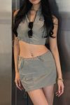 Gray-Zipper-Tank-Top-Drawstring-Mini-Skirt-Suits-6