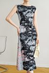 SleevelessSideSlitFullPleatedPrintDress1