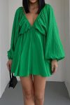 V-Neck-Puff-Sleeve-Ruched-Dress-2