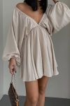 V-Neck-Puff-Sleeve-Ruched-Dress-2