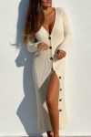 V-Neck-Single-breasted-Solid-Color-Knitted-Dress-1