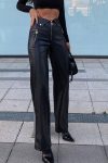 Zipper-Front-Solid-Color-Straight-Leather-Pants-1